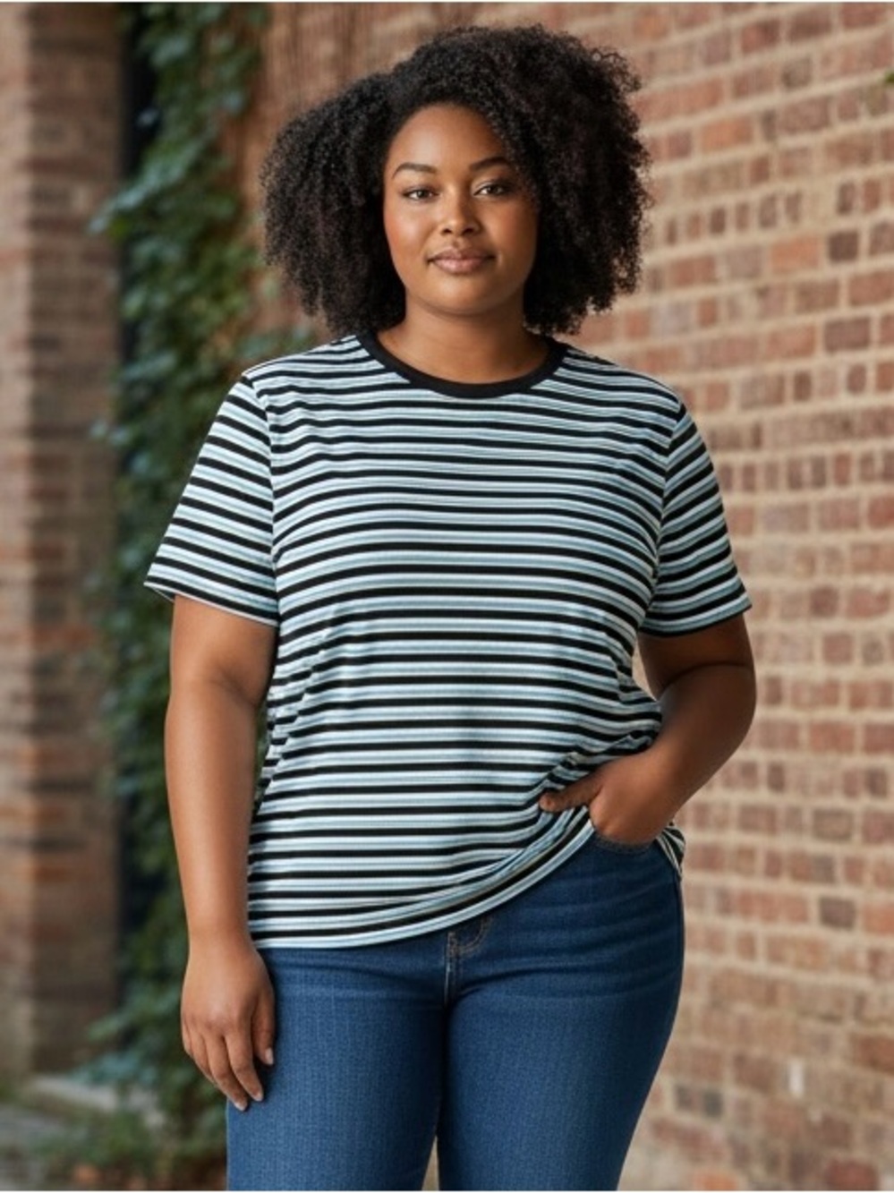 Charter Club Black and Light Blue Striped Short-Sleeve Tee